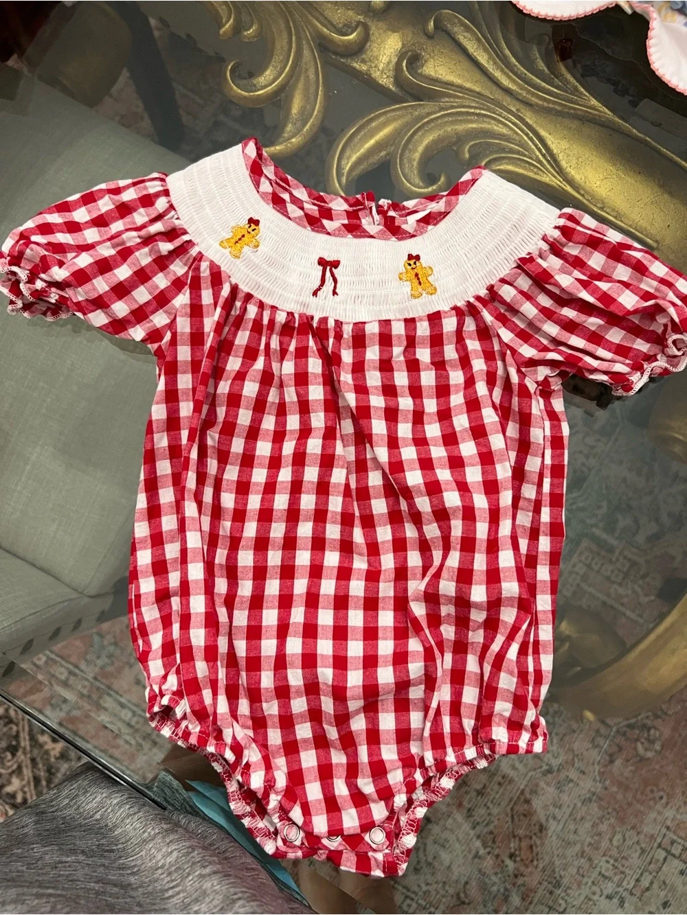 Red and White Gingham Baby One-Piece with Smocked Collar gingerbread